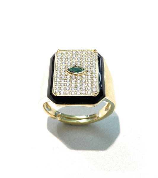 Anello Chevalier Rettangolare in Argento 925 Placcato Oro Giallo con Zirconi Bianchi e Smalto Nero