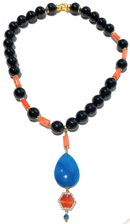 Collana onice choker con pendente  corallo bamboo arancio goccia agata striata azzurra argento sterling placcato oro giallo