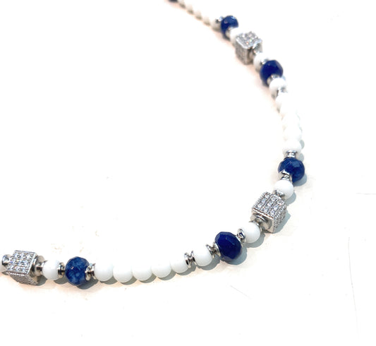 Collarino choker agata bianca rondelle giada zaffiro blu cubetti zirconi argento sterling rodio bianco