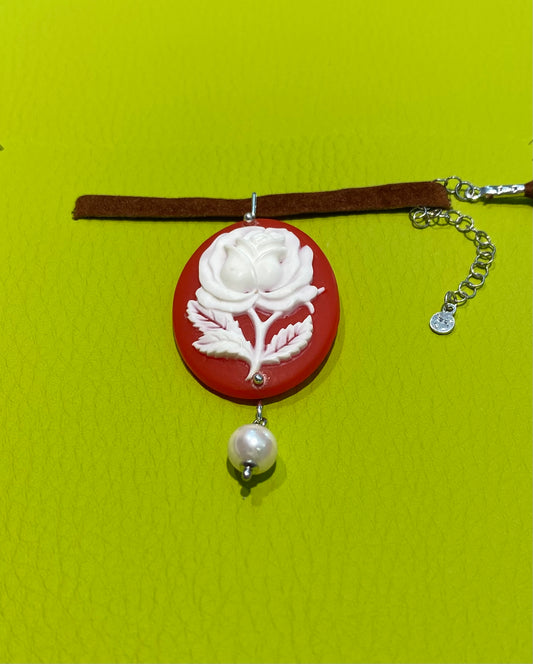 Collarino Choker con Pendente Cameo Rosso in Argento Sterling 925 e Perla Fresh Water