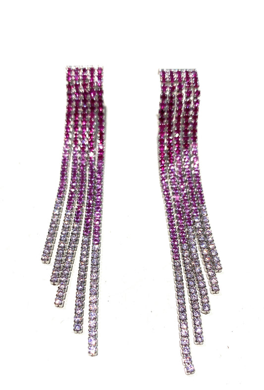 Orecchini tipo tennis 5 file degradé zirconi fucsia con sfumature rodio bianco