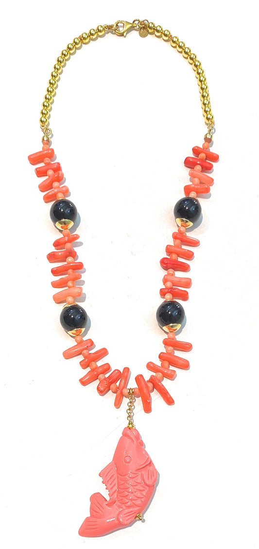 Collana diWa Jewels choker corallo arancio naturale onice lucido ematite gold in argento sterling
