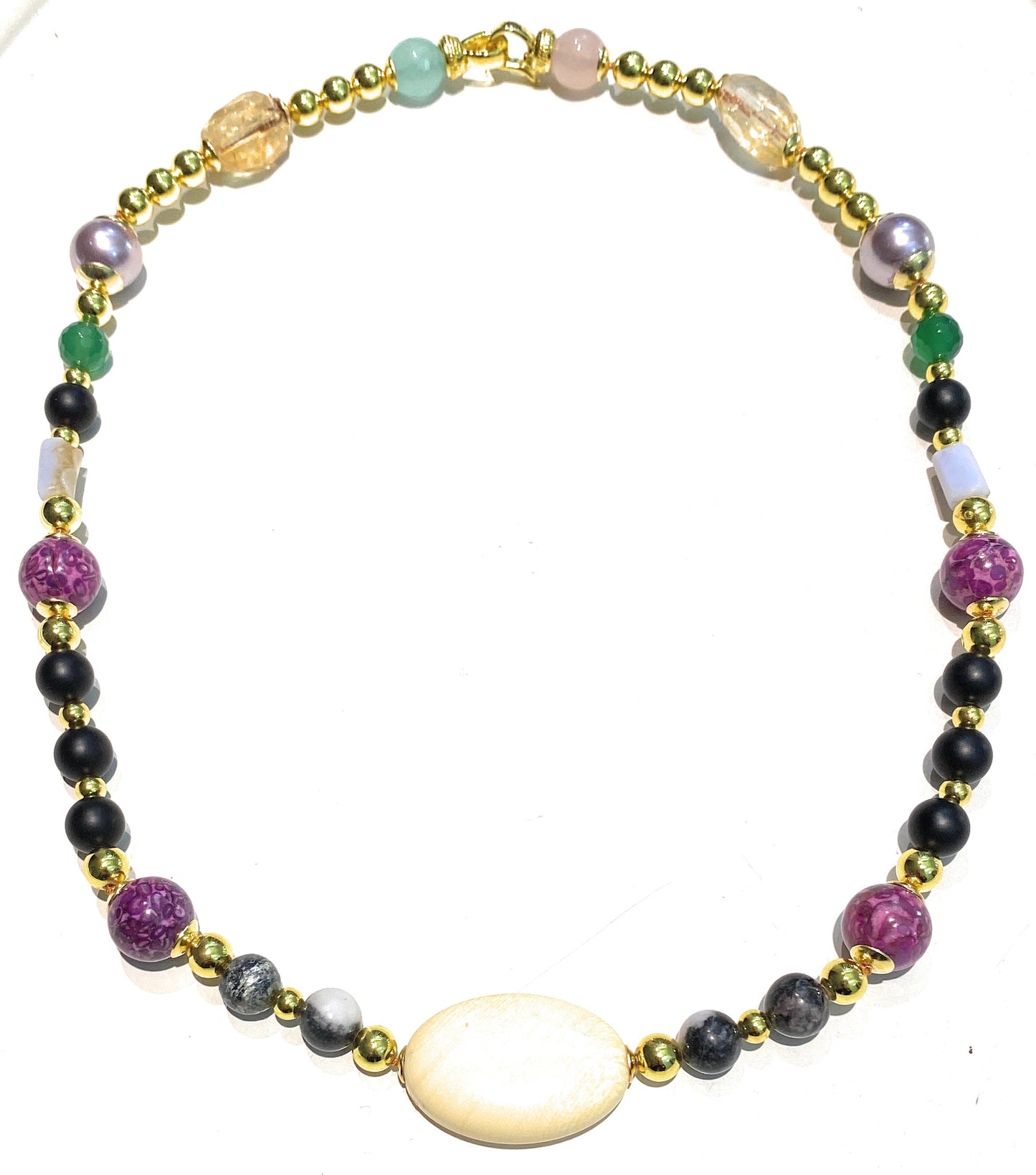 Collana Multicolore Pietre Dure onice, Agata Viola Quarzo Ematite Argento Placcato oro Giallo