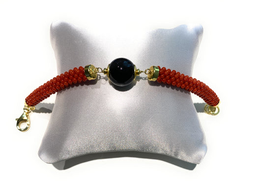 Bracciale corallo naturale lavorazione tessito onice e argento placcato oro giallo pezzo unico