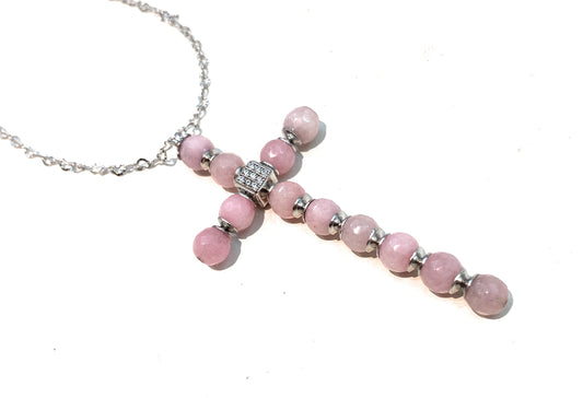 Collarino crocetta stilizzata pallini agata rosa sfaccettata argento sterling rodio