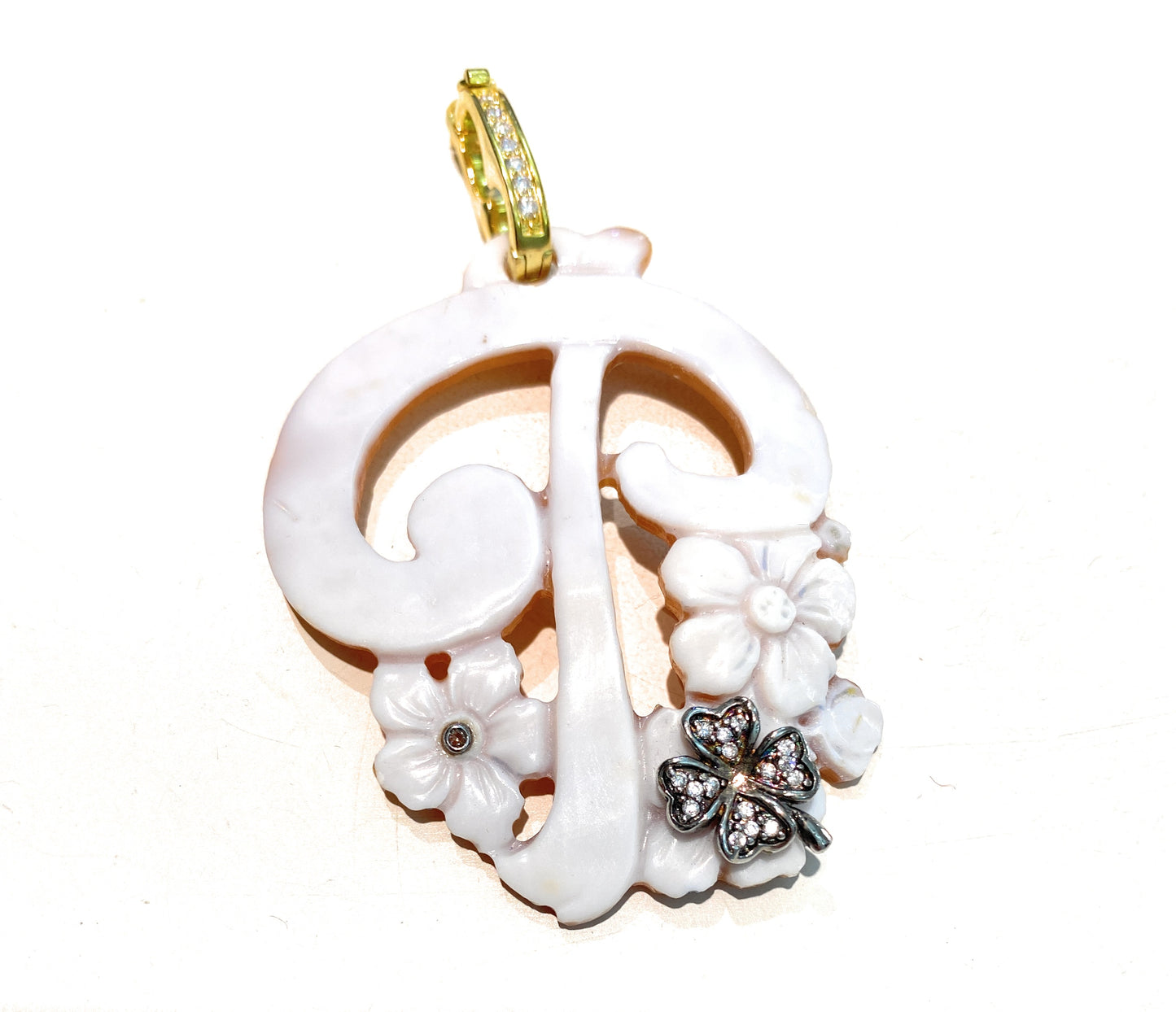 Ciondolo Cameo lettera “F” in argento sterling 925 e contro maglia apribile con zirconi