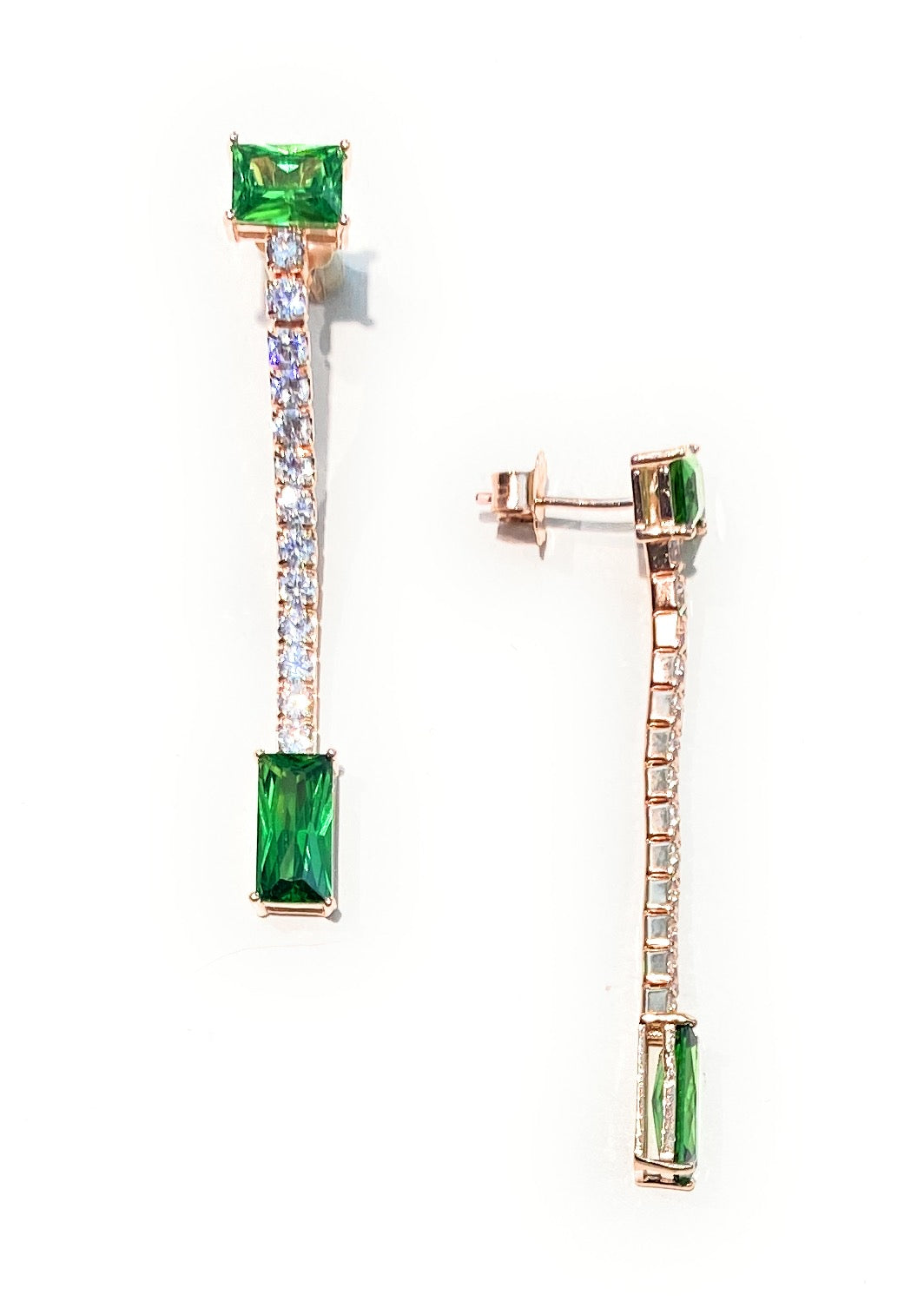 Orecchini tipo Tennis zircone Smeraldo carré galvanica rosé