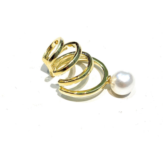 Ear cuff mono orecchino tre file argento sterling placcato oro giallo perla bianca