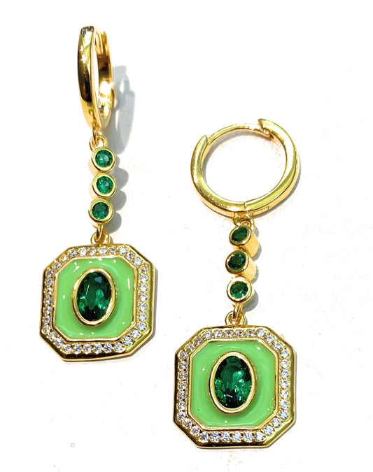 Orecchini pendenti Smalto verde Argento Sterling placcato Oro giallo zirconi verdi