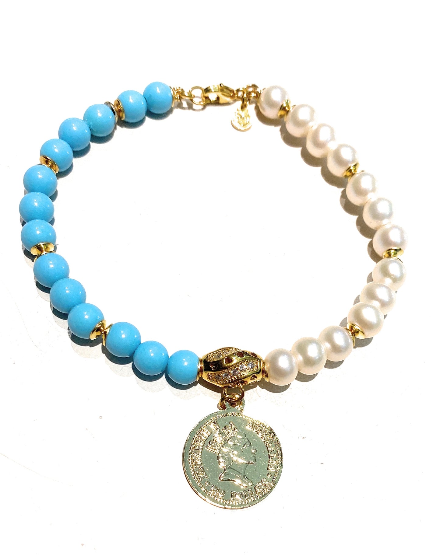 Bracciale Charms Moneta Pasta Turchese Perle Argento 925 Galvanica Gialla