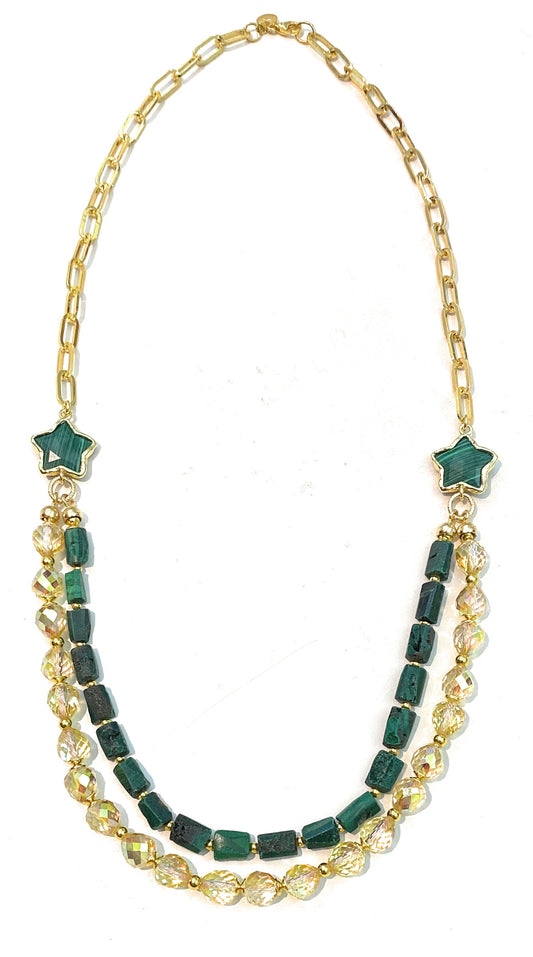 Collana diWa Jewels Malachite e Stelle doppio filo con Catena Gold Argento Sterling placcato oro giallo