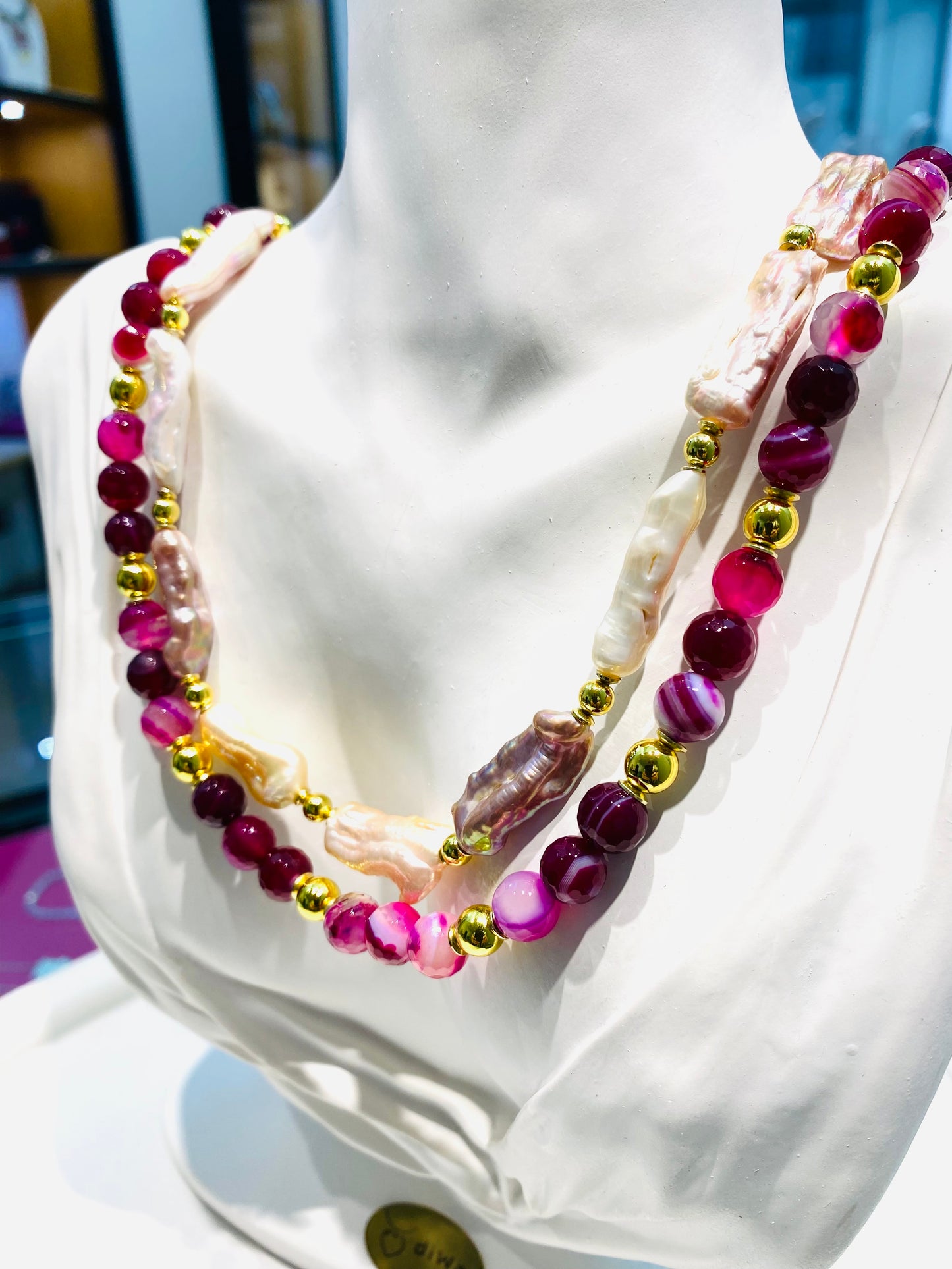 Collana due fili degradé torchon perle barocche multicolore argento sterling
