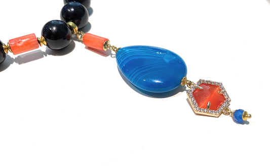 Collana onice choker con pendente  corallo bamboo arancio goccia agata striata azzurra argento sterling placcato oro giallo