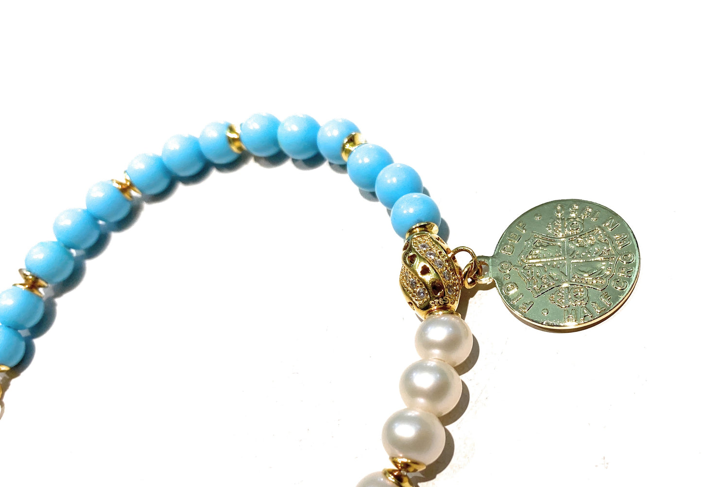 Bracciale Charms Moneta Pasta Turchese Perle Argento 925 Galvanica Gialla