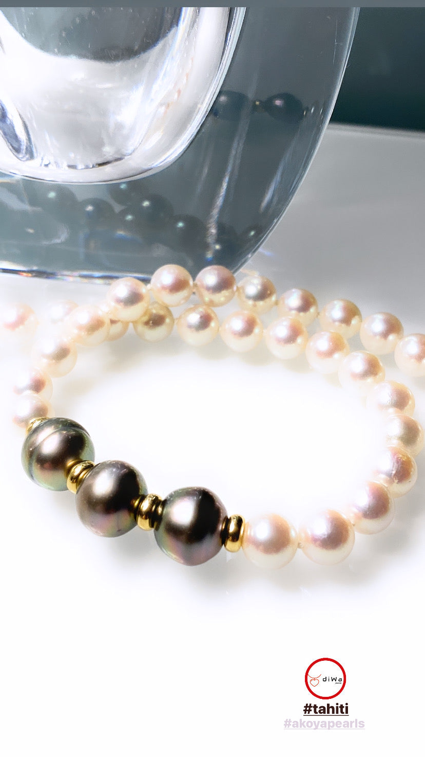 Collana perle di mare Akoya e perle Tahiti distanziatori oro 18 kt