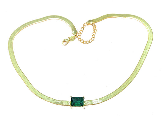 Collana Girocollo Maglia Piattina larga centrale zircone taglio Smeraldo regolabile