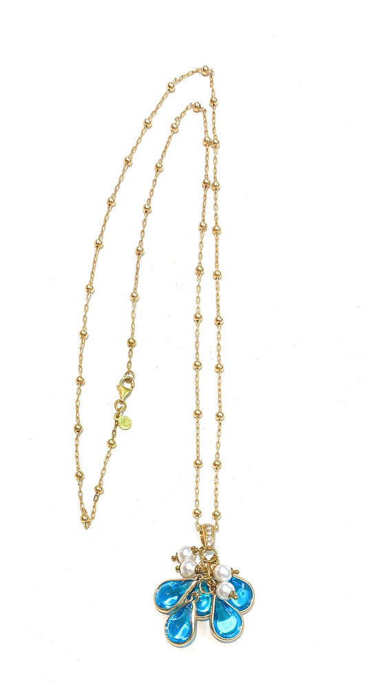 Collana lunga maglia tipo rosario con ciondolo in argento sterling perle Maiorca e gocce azzurre