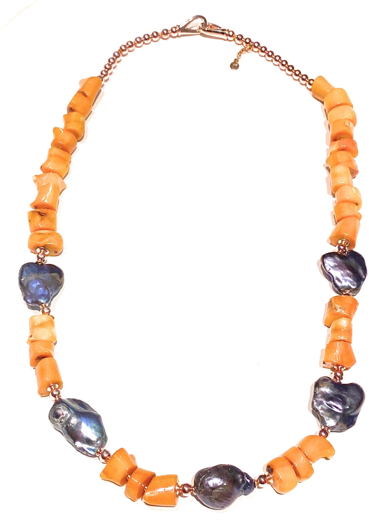 Collana diWa Jewels corallo bamboo arancio perle viola bluette barocche argento sterling rosé ematite rosé