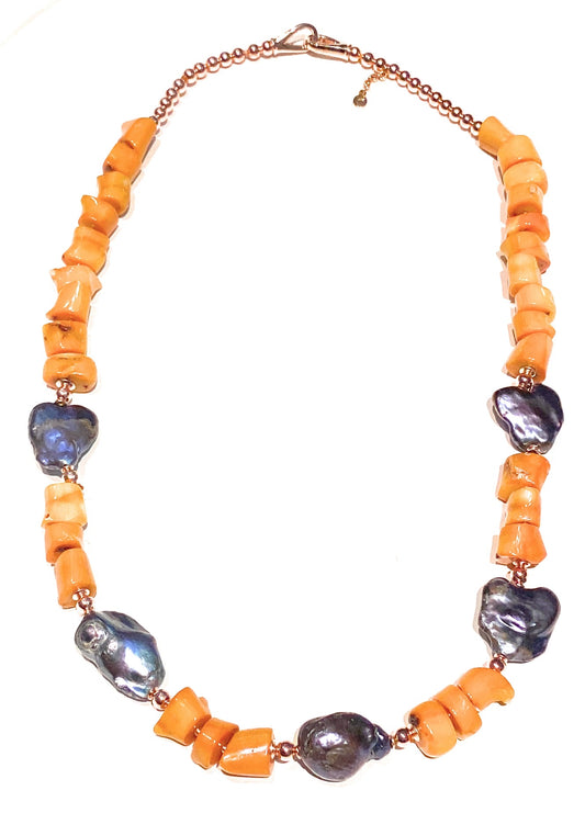 Collana diWa Jewels corallo bamboo arancio perle viola bluette barocche argento sterling rosé ematite rosé