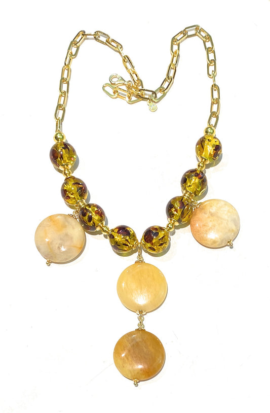 Collana giada gialla striata tonda resina color ambra catena rettangolare rifiniture argento sterling