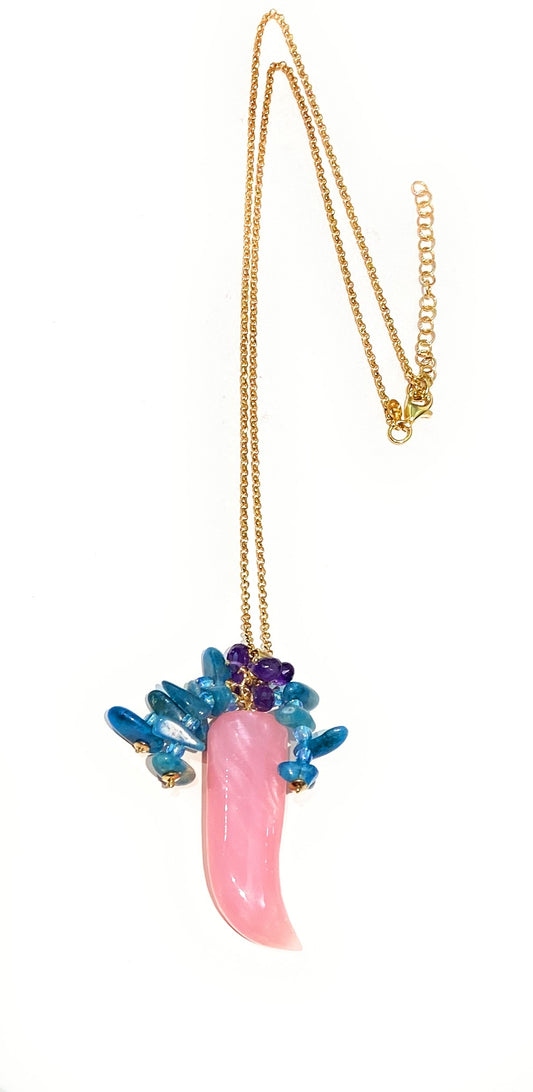 Collarino pendente corno madreperla rosa frange apatite azzurra gocce ametista maglia rolò argento sterling placcato oro giallo