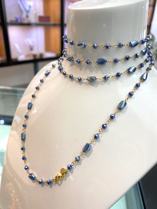 Collarino lungo argento sterling placcato giallo pietre semi preziose irregolari tonalità pastello