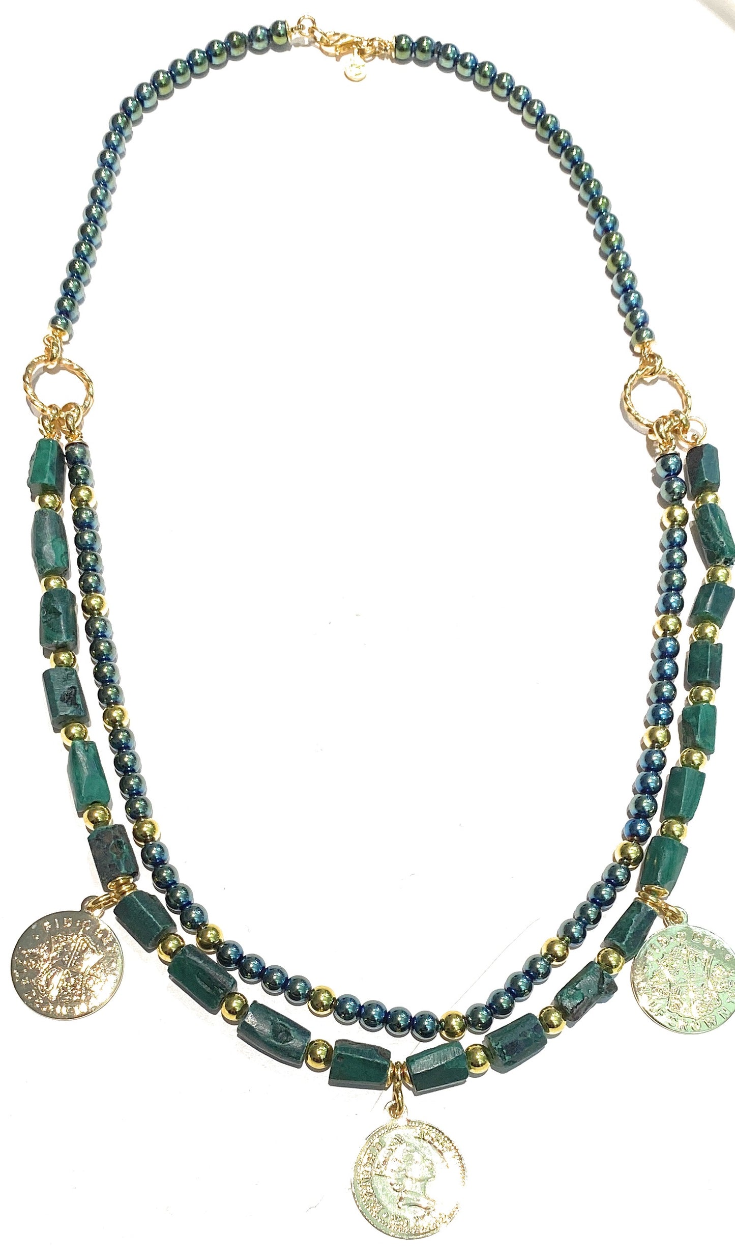Collana Charms Monete Doppio Filo Malachite Ematite verde Argento 925 placcato Oro Giallo