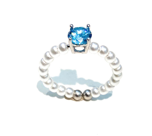 Anello con Perline e Zircone centrale colorato argento sterling rodio bianco