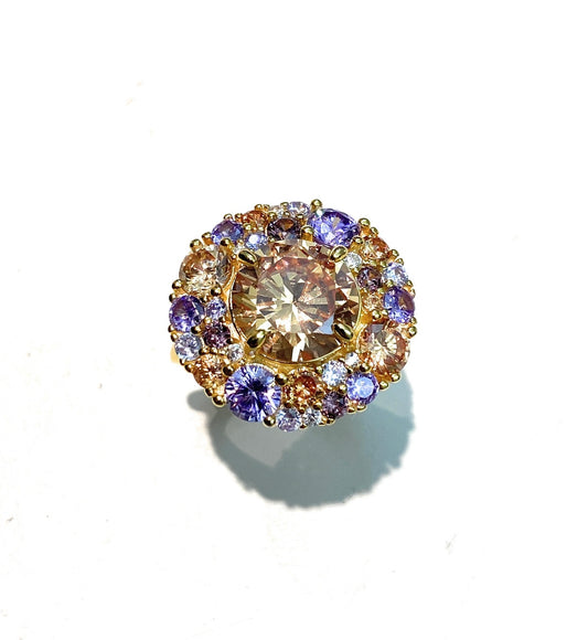 Anello Cocktail centrale zircone tipo Topazio contorno multicolore argento sterling placcato