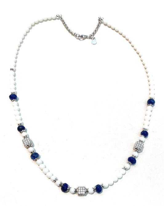 Collarino choker agata bianca rondelle giada zaffiro blu cubetti zirconi argento sterling rodio bianco