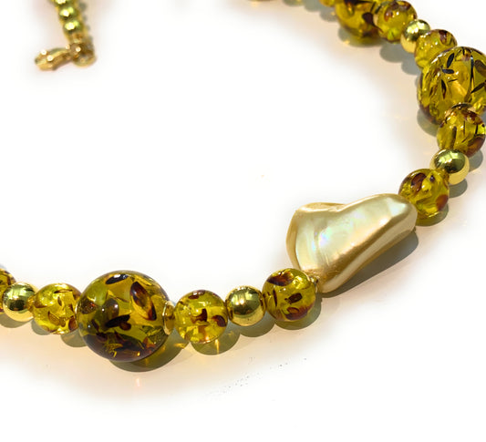 Collana Lunga diWa Jewels resina Ambra ematite e Perle Barocche gold argento sterling