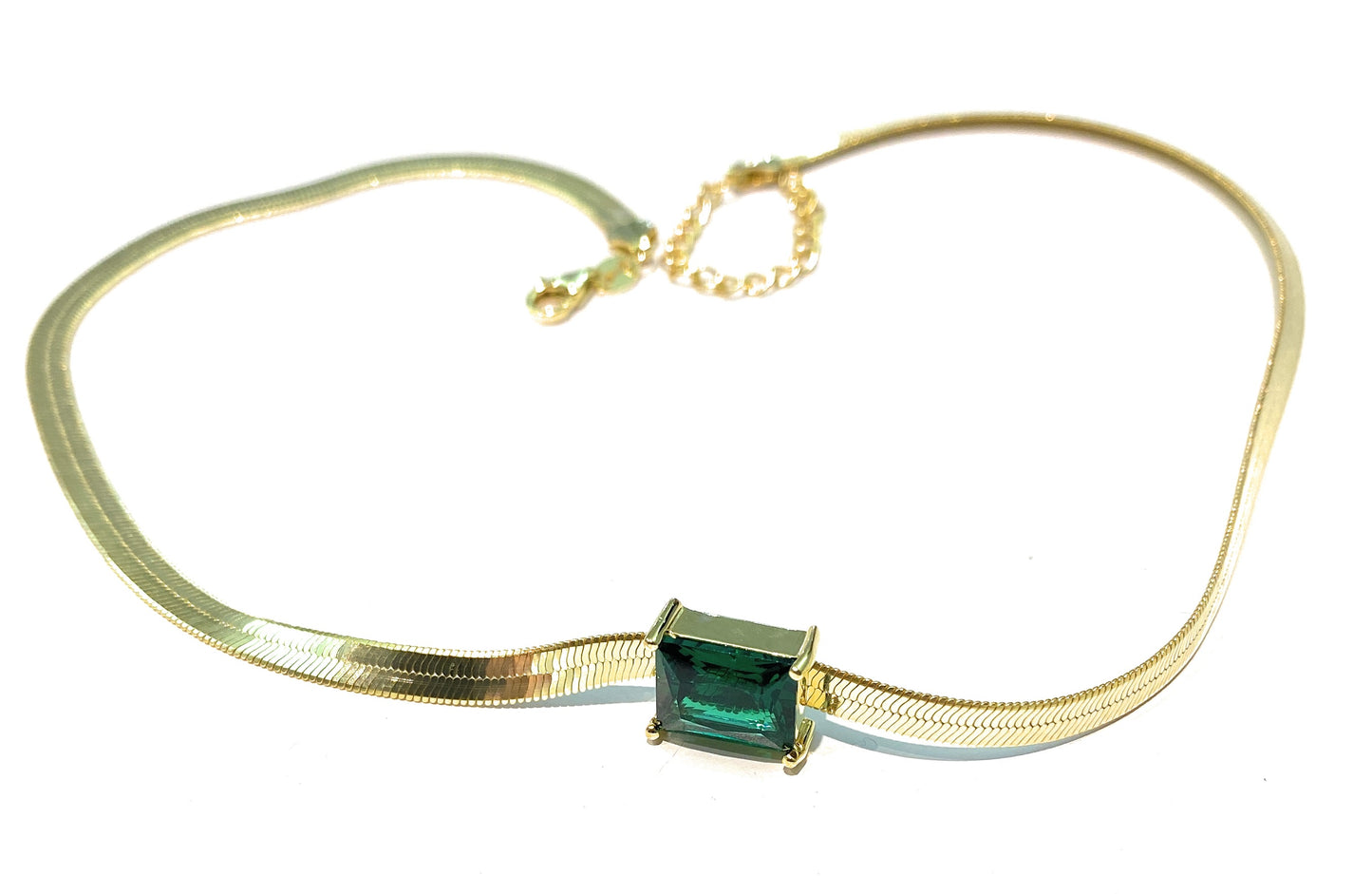 Collana Girocollo Maglia Piattina larga centrale zircone taglio Smeraldo regolabile