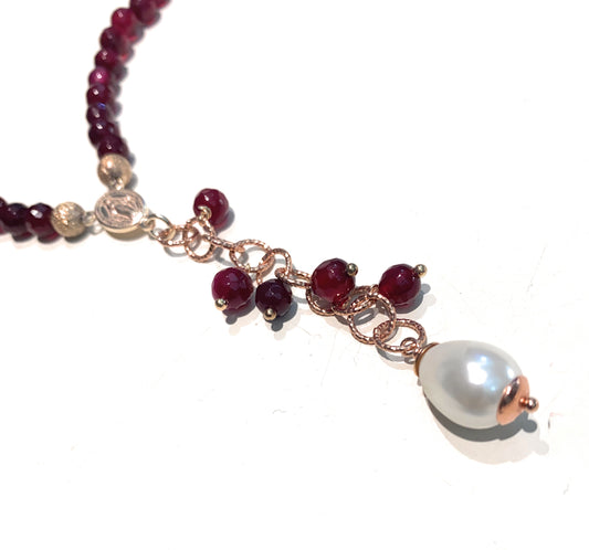 Collana tipo Rosario Pietre Dure Sfaccettate Bordeaux Argento 925 pendente Perla Maiorca