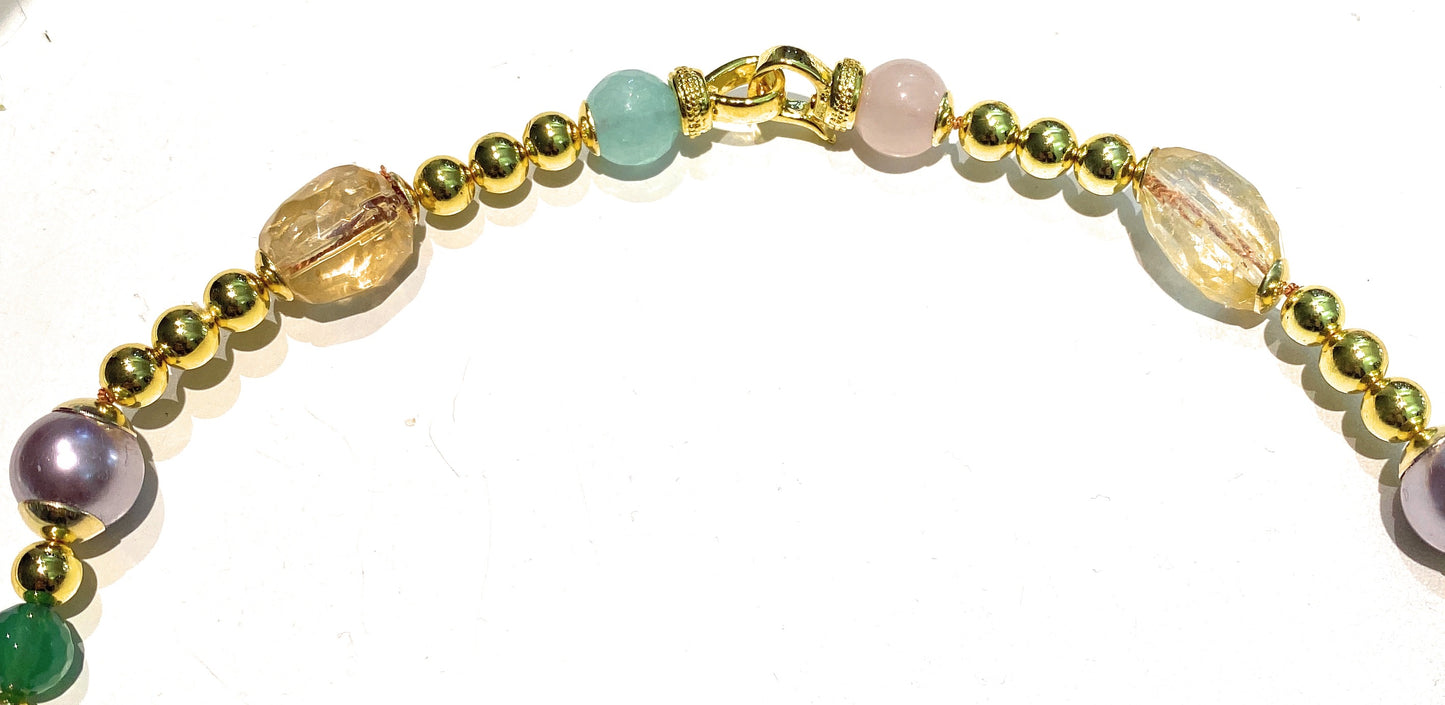 Collana Multicolore Pietre Dure onice, Agata Viola Quarzo Ematite Argento Placcato oro Giallo