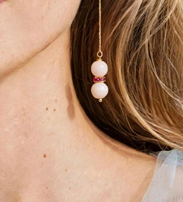 Orecchini Corallo Rosato Oro 18 Kt Mezza Luna Rubini