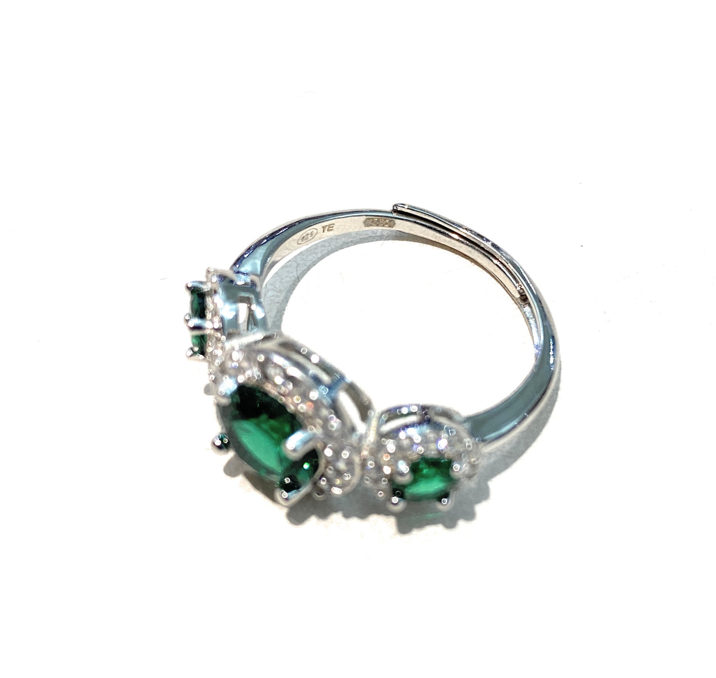 Anello Trilogy Zirconi tipo Smeraldo Argento 925 Rodio bianco regolabile