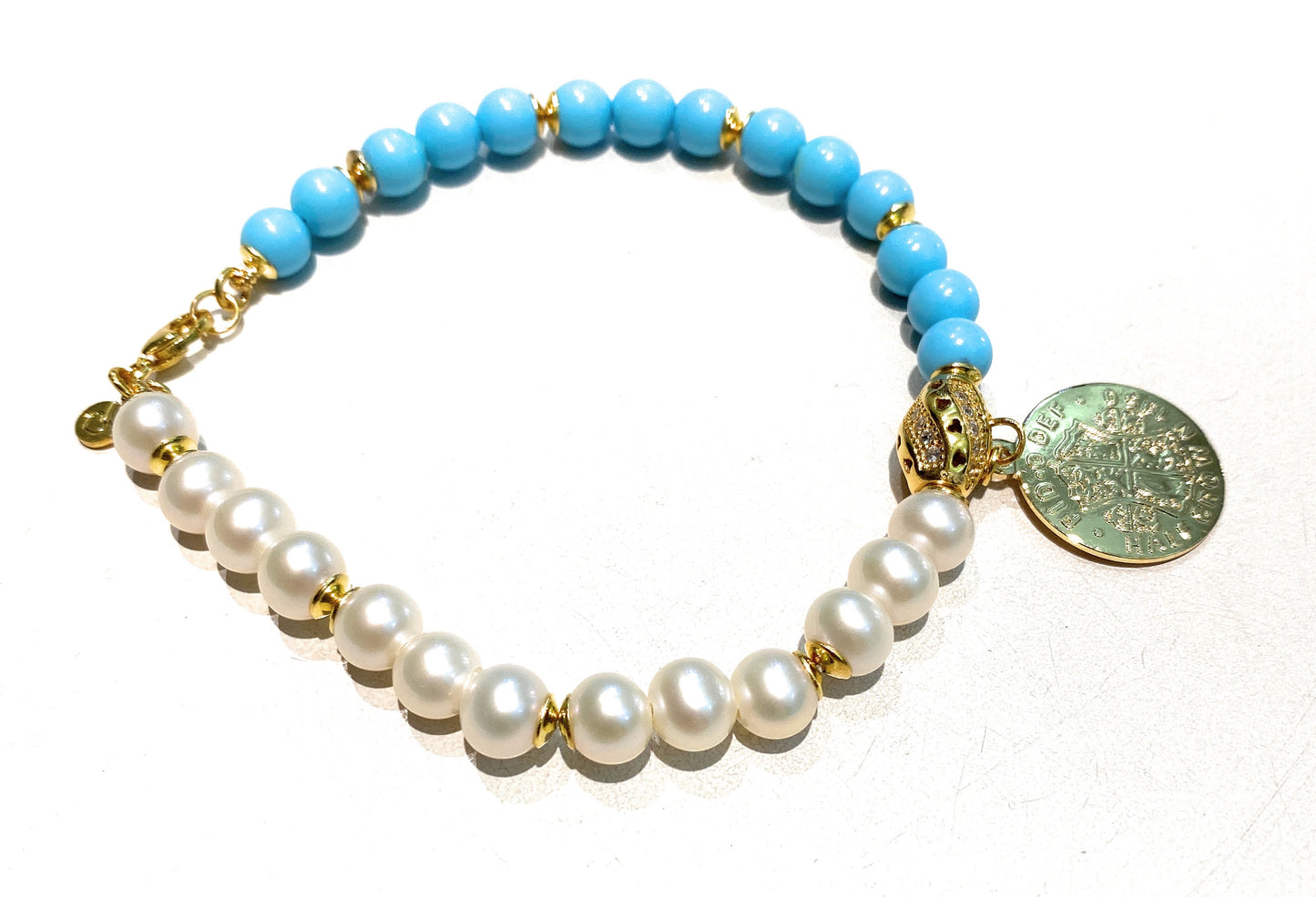 Bracciale Charms Moneta Pasta Turchese Perle Argento 925 Galvanica Gialla