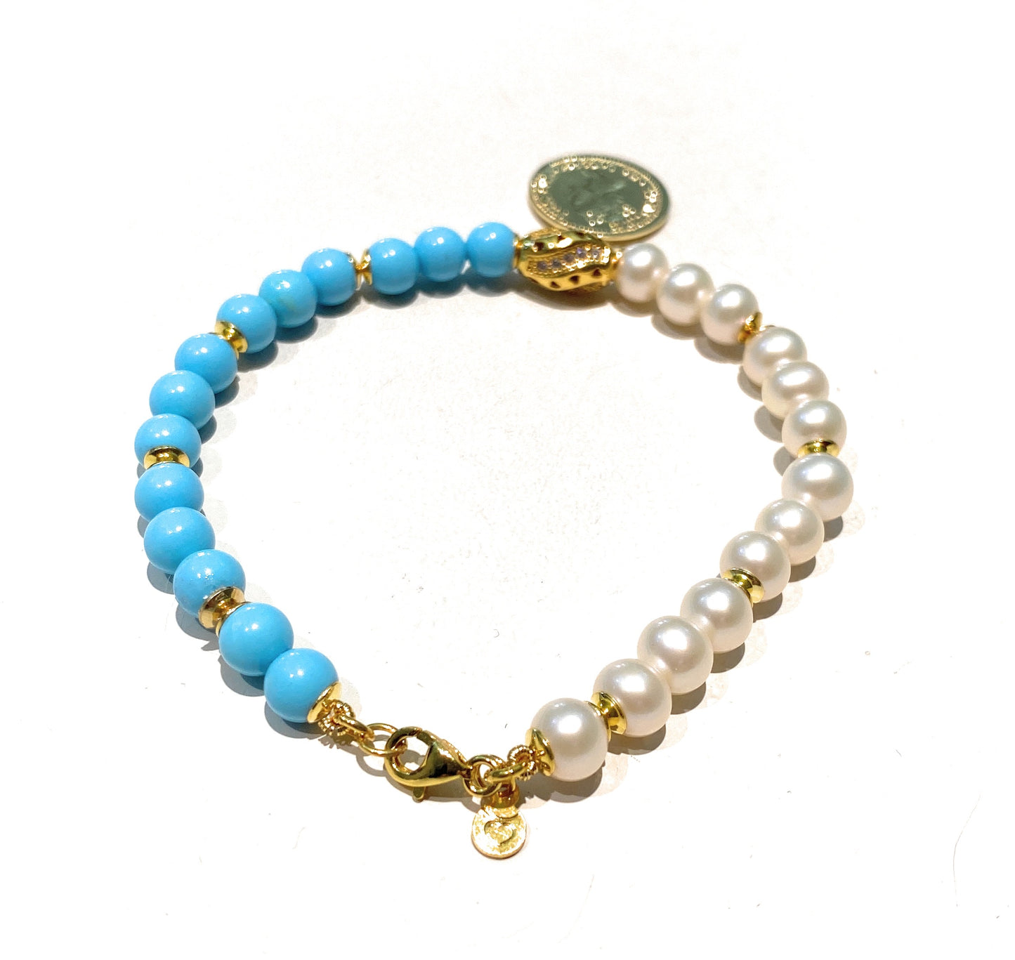 Bracciale Charms Moneta Pasta Turchese Perle Argento 925 Galvanica Gialla
