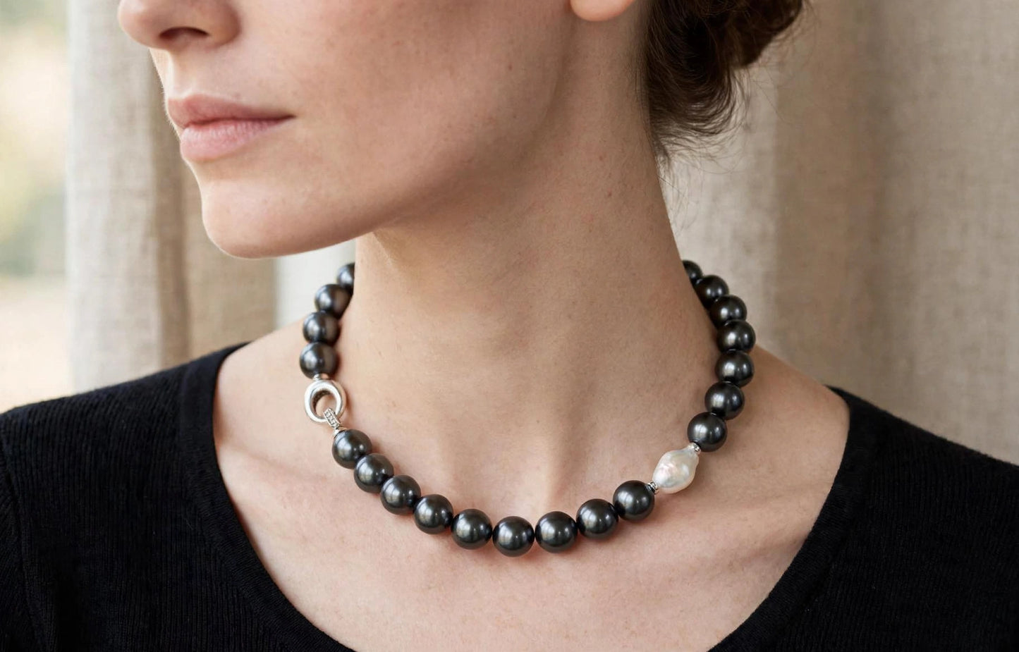 Collana Choker Perle Nere perla Barocca Argento Rodio Zirconi