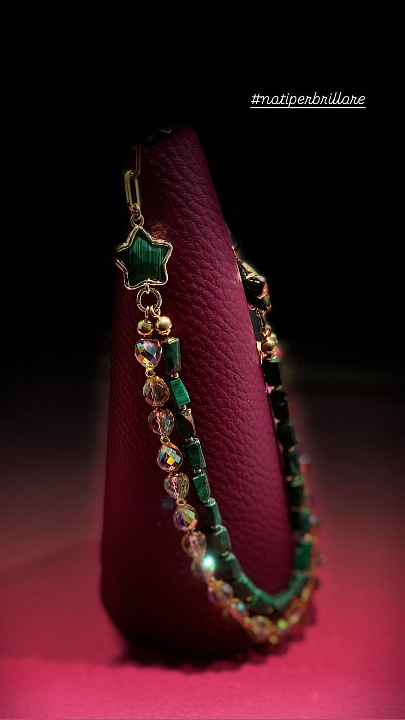 Collana diWa Jewels Malachite e Stelle doppio filo con Catena Gold Argento Sterling placcato oro giallo