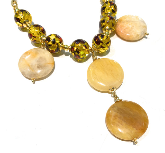 Collana giada gialla striata tonda resina color ambra catena rettangolare rifiniture argento sterling