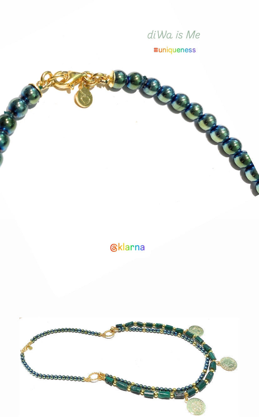 Collana Charms Monete Doppio Filo Malachite Ematite verde Argento 925 placcato Oro Giallo