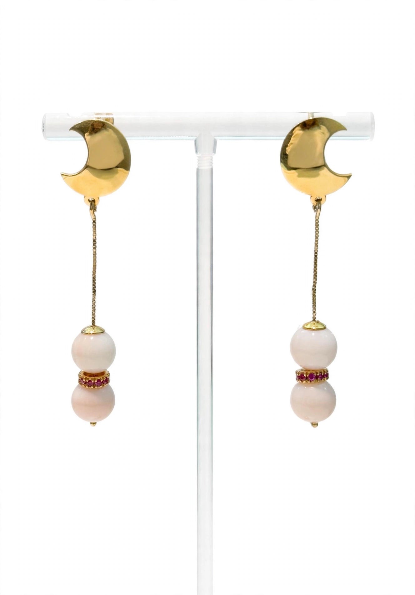 Orecchini Corallo Rosato Oro 18 Kt Mezza Luna Rubini
