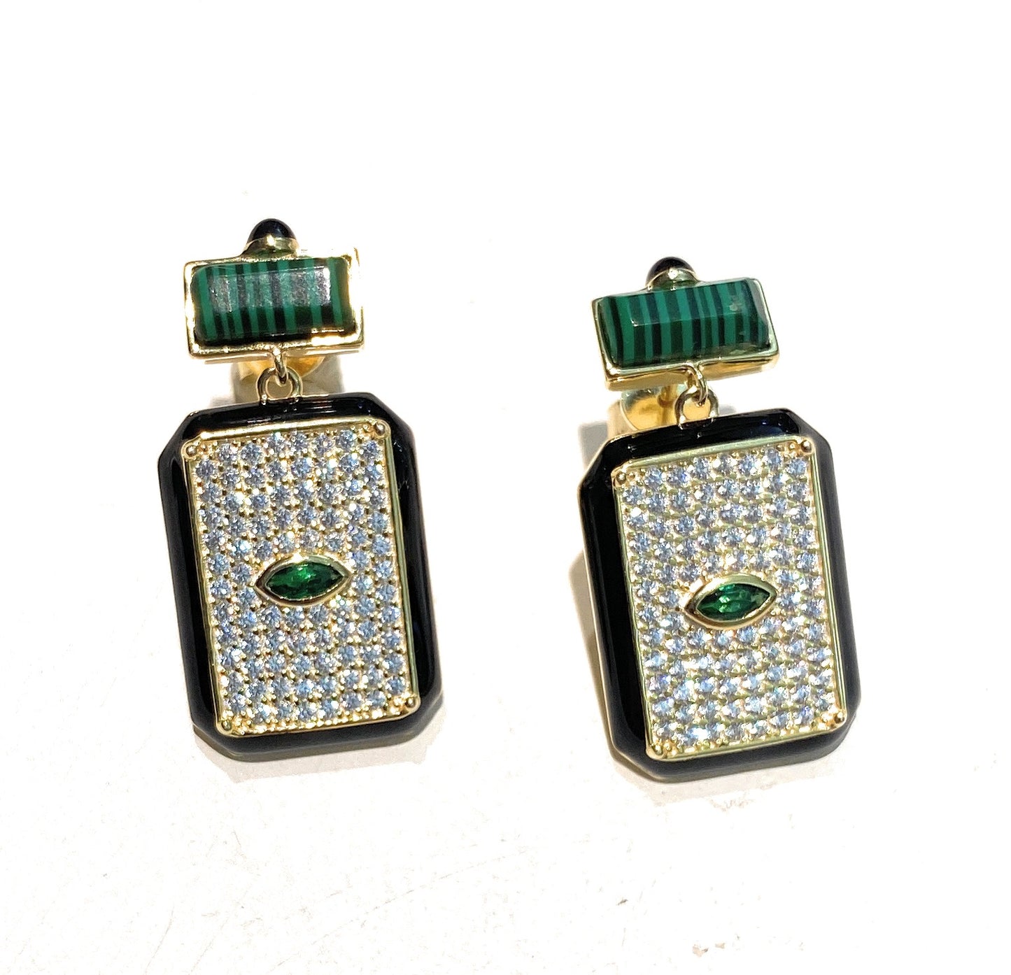 Orecchini Pendenti Smalto Nero Malachite e Zirconi Argento 925 Galvanica Gialla Farfallina