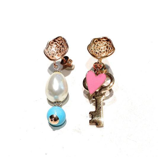 Orecchini pendenti argento sterling rosé cuore fucsia chiave pasta turchese perla goccia