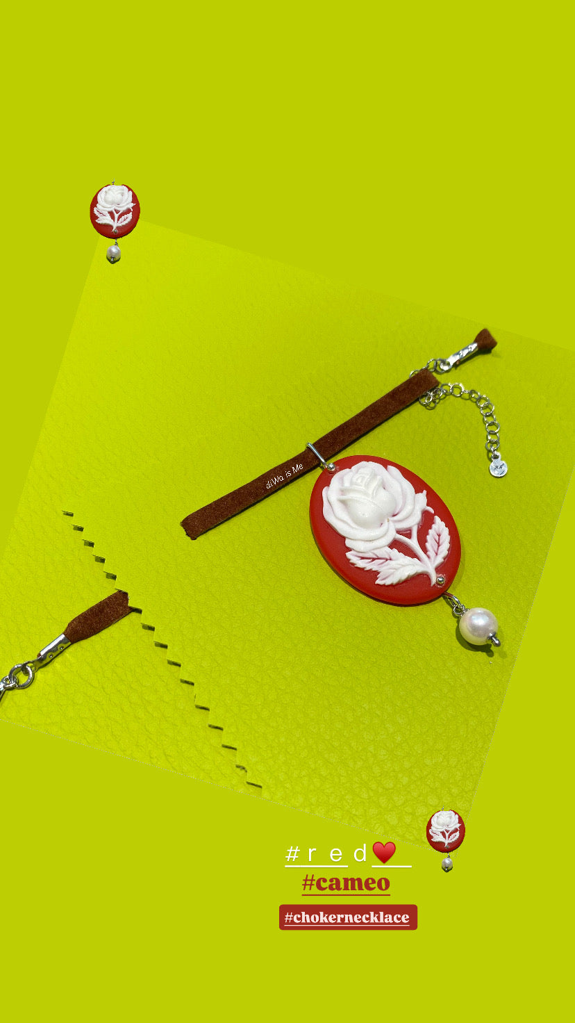 Collarino Choker con Pendente Cameo Rosso in Argento Sterling 925 e Perla Fresh Water