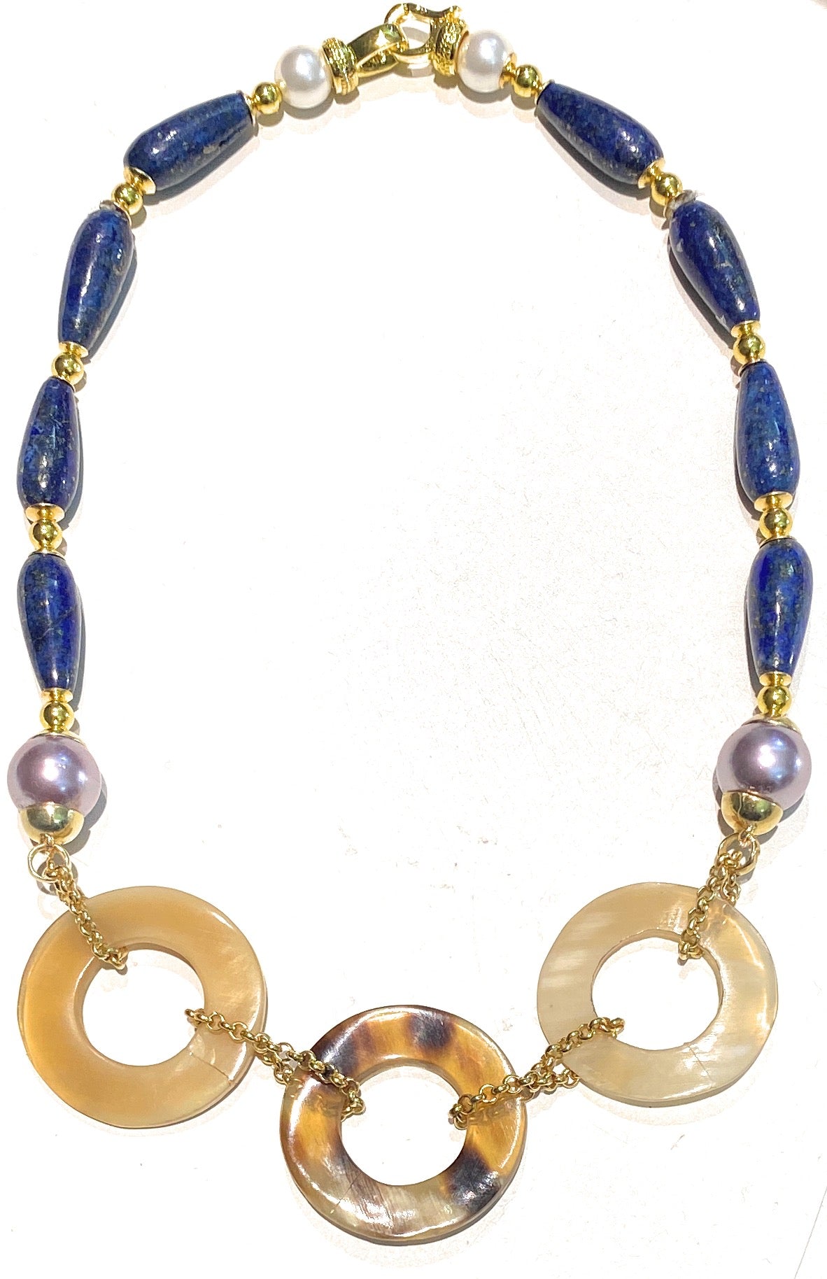 Collana Choker Gocce Lapislazzuli Cerchi in Corno Naturale Argento Sterling Perle Maiorca