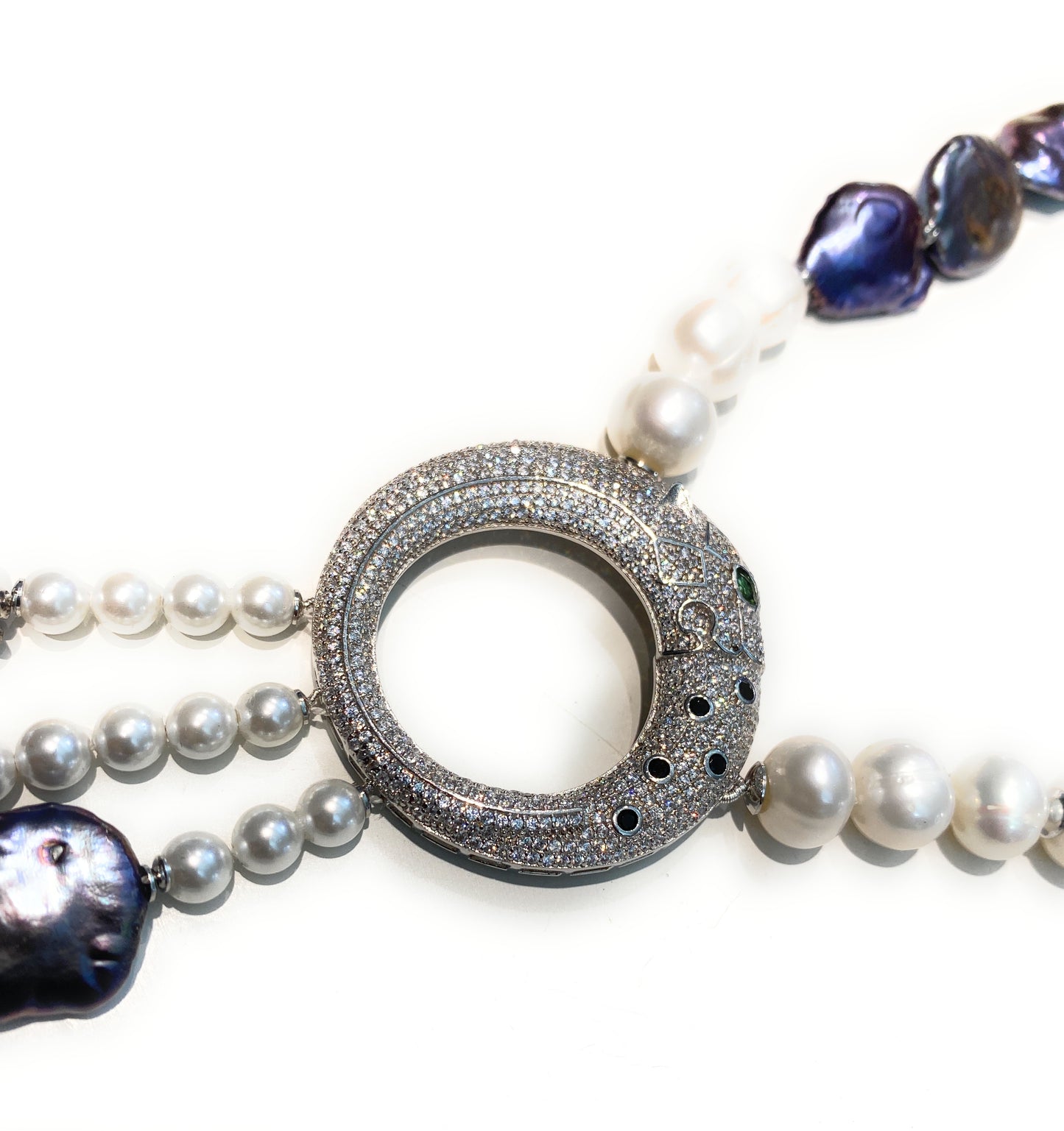 Collana perle barocche bianche e grigio viola in argento sterling centrale micro pavé