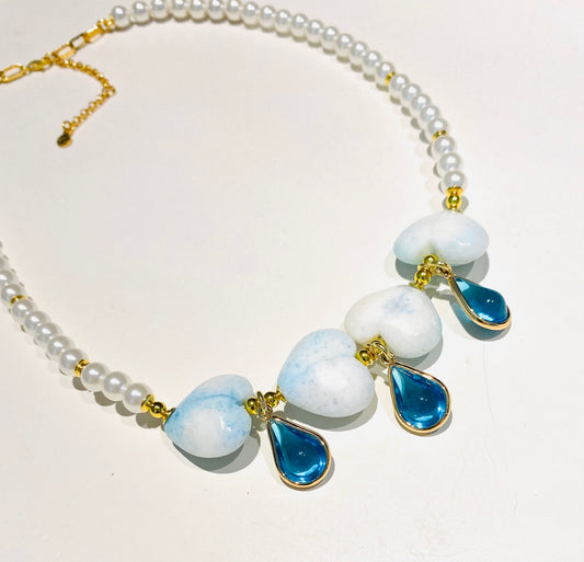 Collana diWa Jewels Choker Perle Centrale Cuori Gocce Cristalli Azzurri Argento Sterling