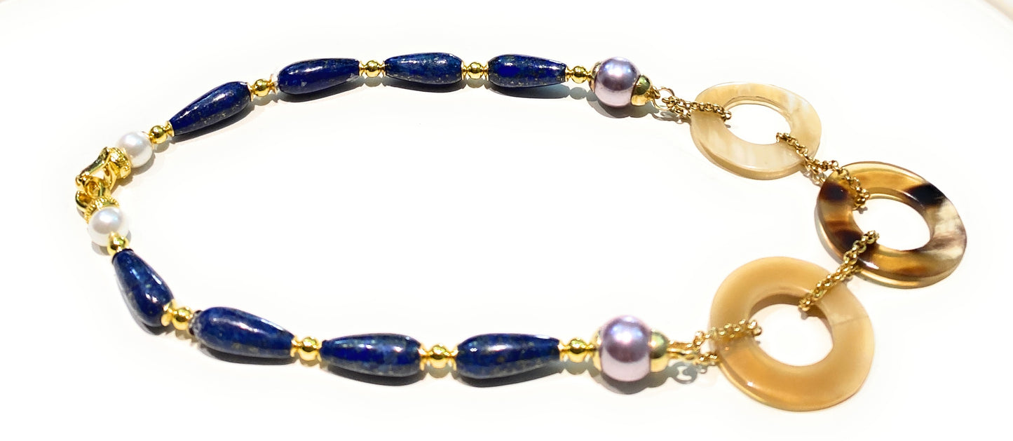 Collana Choker Gocce Lapislazzuli Cerchi in Corno Naturale Argento Sterling Perle Maiorca